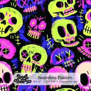Puede incluir: Un patrón continuo con calaveras dibujadas a mano en verde neón, rosa brillante y morado sobre un fondo negro. Las calaveras tienen expresiones variadas con ojos en forma de cruz y detalles de costuras. Texto: Store Berry Seamless Pattern 12" x 12" | 300 DPI | commercial use.