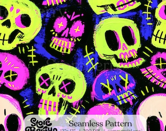 Neon Skulls Seamless Pattern, Graffiti Skull Halloween Digital Paper, Bright Skull Fabric Pattern