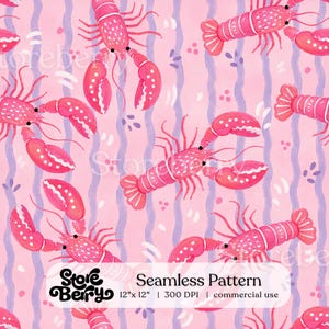 May include: A seamless pattern featuring pink lobsters on a light pink background with vertical wavy purple stripes and small dots. The image includes the text Storeberry Seamless Pattern 12" x 12" | 300 DPI | commercial use.