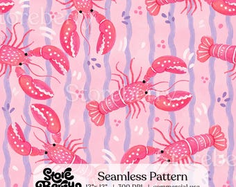 Pink Lobster Stripes Seamless Pattern, Watercolor Coastal Digital Paper, Preppy Summer Fabric Print