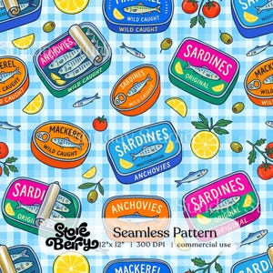 Tinned Sardines Seamless Pattern, Fisherman Fabric Print (Digital Download)