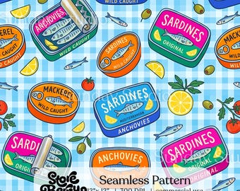 Tinned Sardines Seamless Pattern, Fisherman Fabric Print (Digital Download)