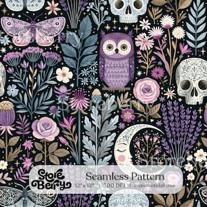 Może przedstawiać: Bezszwowy wzór na ciemnym tle z fioletowymi sowami, ćmami, czaszkami, półksiężycami i różnymi kwiatami. Tekst "Storeberry Seamless Pattern 12" x 12" | 300 DPI | commercial use" jest nałożony na dolną część obrazu.