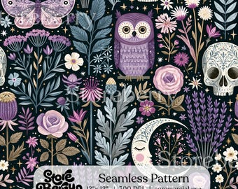 Dark Gothic Owl Seamless Pattern, Moody Nocturnal Bird Digital Paper for Mystical Crafts projects