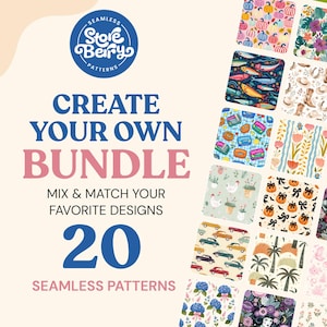 May include: A digital graphic featuring the text CREATE YOUR OWN BUNDLE MIX & MATCH YOUR FAVOURITE DESIGNS 20 SEAMLESS PATTERNS alongside a grid of various colourful patterns including pumpkins, fish, sardines, flowers, cars, and palm trees.
