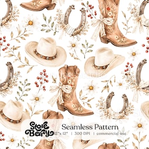 Cowgirl Seamless Pattern, Western Coquette Boot Print, Country Girl Fabric Design, Rodeo Digital Download