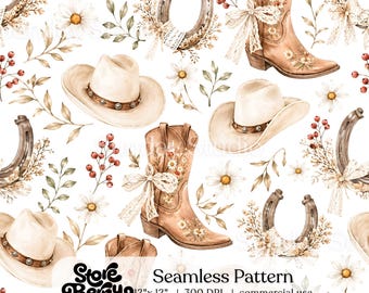 Cowgirl Seamless Pattern, Western Coquette Boot Print, Country Girl Fabric Design, Rodeo Digital Download