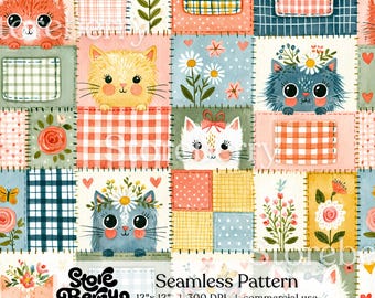 Kitten Patchwork Seamless Pattern, Kawaii Cat Digital Paper, Nursery Fabric Quilt Design, Scrapbook Paper