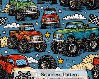 Monster Truck Seamless Pattern, Boys Racing Digital Paper, Kids Fabric Vehicle Wallpaper Design