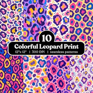 May include: A digital collection of 10 colourful leopard print seamless patterns featuring various combinations of pink, purple, blue, and yellow spots on white or coloured backgrounds. The text reads 10 Colourful Leopard Print 12"x 12" 300 DPI seamless patterns.