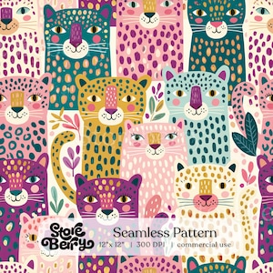 May include: A seamless pattern featuring stylized leopards in various colors including teal, pink, yellow, and purple against a cream background. The design includes small leaves and the text Store Berry Seamless Pattern 12" x 12" 300 DPI.