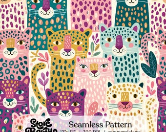 Colorful Whimsical Leopard Seamless Pattern, Blue Leopard Digital Paper, Kids Preppy Fabric Print