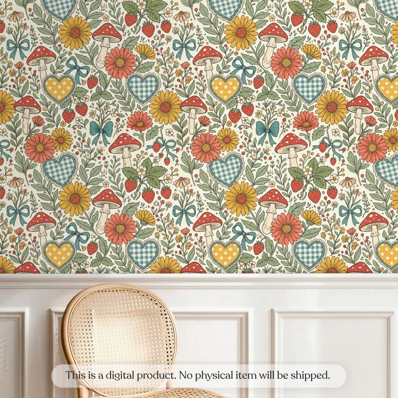 Cottagecore Floral Mushroom Seamless Pattern, Retro Boho Groovy Fabric ...