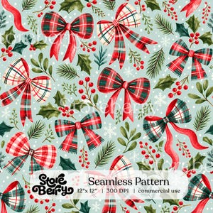 May include: A seamless digital pattern featuring red and green plaid bows, holly leaves, red berries, and pine needles on a light blue background with white snowflakes. The image includes the text Storeberry Seamless Pattern 12" x 12".