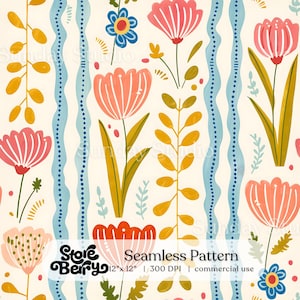 Scandinavian Folk Floral Seamless Pattern, Nordic Botanical Design, Scandinavian Flower Digital Paper