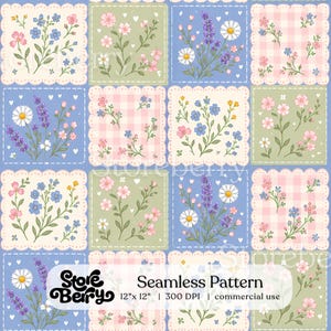 May include: A seamless digital pattern featuring a grid of square tiles with scalloped edges. The tiles alternate between light blue, sage green, and pink gingham backgrounds, each decorated with illustrations of lavender, daisies, and wildflowers.