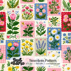 May include: A seamless pattern featuring rectangular postage stamp-style frames containing various floral illustrations in pink, yellow, blue, and green. The design includes daisies, lavender, and pink blossoms, accented with small hearts and gingham.