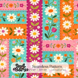 May include: A seamless pattern featuring vertical and horizontal rectangular panels with white dashed stitching borders. The design displays colourful floral motifs including white daisies, orange tulips, and small pink flowers on backgrounds of pink, teal, and orange.