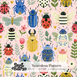 May include: A seamless pattern on a light pink background featuring various colorful beetles, bees, and butterflies interspersed with small flowers, green leaves, and yellow hearts. The text reads Seamless Pattern 12" x 12" 300 DPI commercial use.