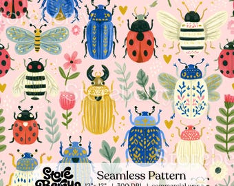 Colorful Bugs Insects Seamless Pattern, Whimsical Beetle Digital Paper, Digital Download