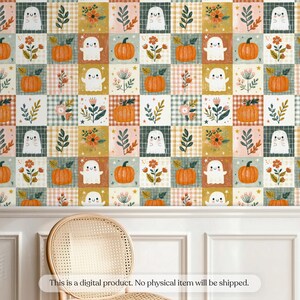 Cozy watercolor patchwork with friendly ghosts, pumpkins, gingham squares, wildflowers, and autumn foliage.