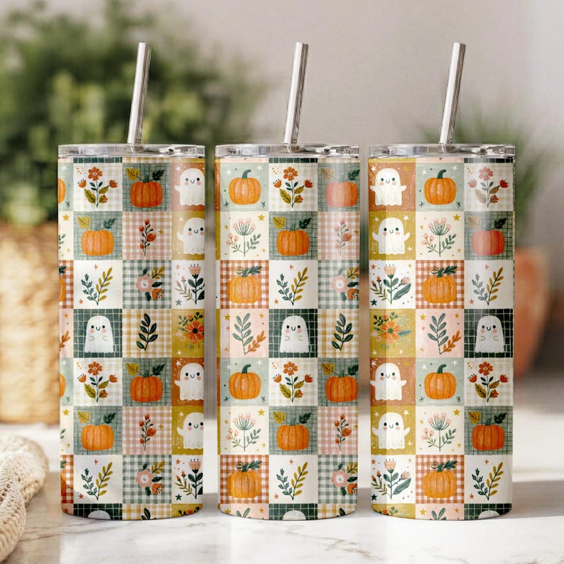 Cozy watercolor patchwork with friendly ghosts, pumpkins, gingham squares, wildflowers, and autumn foliage.