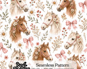 Floral Horse Seamless Pattern, Watercolor Equestrian Digital Paper for Cowgirl Nursery and Fabric Crafts