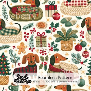 May include: A seamless pattern featuring illustrations of dachshunds in sweaters, Christmas trees, wrapped gifts, gingerbread cookies, holly berries, ornaments, and pine branches on a cream background with the text Storeberry 12" x 12".