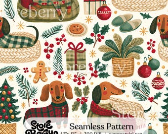 Christmas Dachshund Pajama Seamless Pattern, Cute Holiday Dog Digital Paper for Festive Crafts projects
