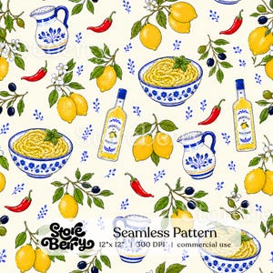 May include: A seamless pattern featuring yellow lemons on green leafy branches, red chilli peppers, black olives, blue and white ceramic pitchers, bowls of pasta with basil, and bottles labelled Limoncello di Positano on a cream background.