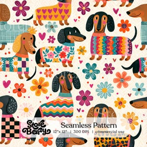 May include: A seamless pattern featuring brown dachshunds wearing various colorful sweaters with patterns including hearts, flowers, zigzags, and leopard print, interspersed with small pink hearts and multi-colored flowers on a cream background.