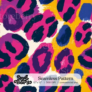 May include: A seamless pattern featuring a vibrant animal print with bold brushstrokes in hot pink, deep navy blue, and bright yellow on a cream background. The text Storeberry Seamless Pattern 12" x 12" | 300 DPI | commercial use is visible.
