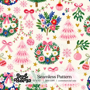 May include: A seamless pattern featuring a cream background with illustrations of pink Christmas trees, green wreaths with red and pink flowers, pink bows, gold stars, pink snowflakes, and pink ornaments. The text reads Seamless Pattern 12" x 12".