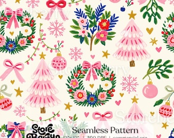 Preppy Pink Christmas Seamless Pattern, Trendy Holiday Digital Paper, Fabric Design, Scrapbooking