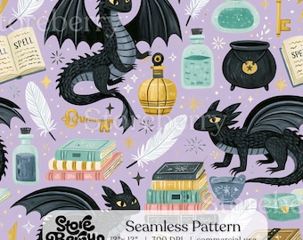 Fairytale Dragon Seamless Pattern, Castle Fantasy Digital Paper Kids Fabric Nursery Wallpaper Design