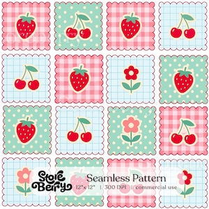 May include: A seamless pattern featuring a grid of scalloped squares with alternating pink gingham, light blue grid, and mint green polka dot backgrounds. The squares contain illustrations of red strawberries, cherries, and flowers. Text reads Store Berry 12" x 12" 300 DPI.