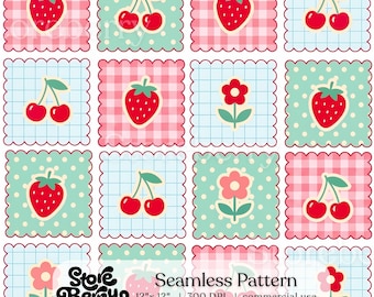Preppy Strawberry Berry Floral Seamless Pattern, Summer Patchwork Strawberry Print, Cherry Digital Paper