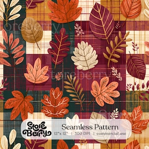 Könnte beinhalten: Ein nahtloses digitales Muster mit einem karierten Hintergrund in Dunkelgrün, Burgunderrot und Creme, überlagert mit verschiedenen Herbstblättern in Orange, Braun und Rot. Der Text Storeberry Seamless Pattern 30,48 cm x 30,48 cm 300 DPI ist sichtbar.