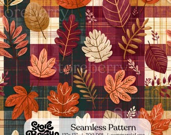 Autumn Leaves Plaid Seamless Pattern, Cozy Fall Botanical Digital Paper, Fall Fabric Pattern
