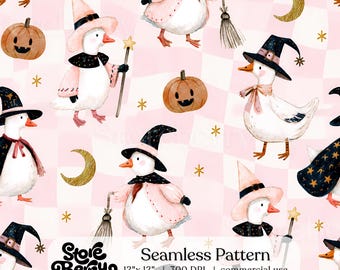 Nahtloses Halloween-Hexengans-Muster, digitales Papier im Preppy-Gans-Stil, Retro-Pastell-Halloween-Stoffdesign