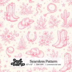 Carta digitale rosa stile western toile, stivali da cowgirl e cactus, stampa su tessuto western