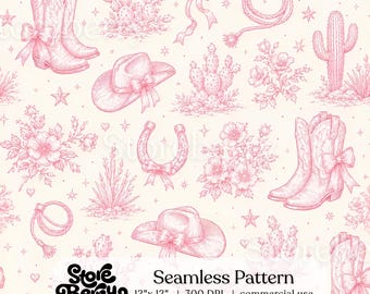 Pink Western Toile Seamless Pattern, Cowgirl Boots Cactus Digital Paper, Western Fabric Print