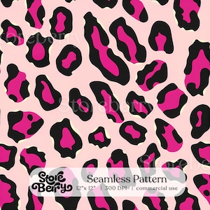 May include: A seamless pattern featuring a repeating leopard print design with hot pink spots outlined in black on a light pink background. A white rectangular label at the bottom displays the text Storeberry Seamless Pattern 30.48 cm x 30.48 cm.