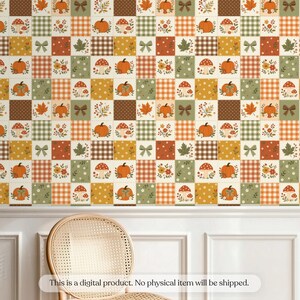 Seamless autumn pattern combining fall leaf motifs with a plaid repeat, creating a cozy botanical, textile-inspired seasonal design with classic checked structure.