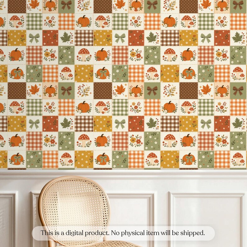 Seamless autumn pattern combining fall leaf motifs with a plaid repeat, creating a cozy botanical, textile-inspired seasonal design with classic checked structure.
