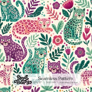 Puede incluir: Un patrón continuo con leopardos ilustrados en verde azulado, rosa y morado con manchas, rodeados de flores y hojas estilizadas sobre un fondo crema. El texto dice: Storeberry Seamless Pattern 12" x 12" 300 DPI commercial use.