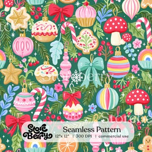 May include: A seamless pattern on a dark green background featuring Christmas ornaments, candy canes, red bows, cupcakes, mushrooms, and gingerbread cookies. The text Storeberry Seamless Pattern 12" x 12" 300 DPI commercial use is visible.