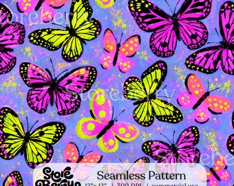Purple Neon Butterfly Seamless Pattern, Whimsical Butterfly Digital Paper, Retro Fabric Print