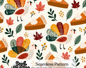 Thanksgiving Turkey Seamless Pattern, Autumn Fall Digital Paper, Pumpkin Pie Fabric Pattern, Scrapbook Wallpaper