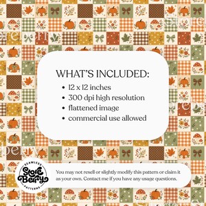 May include: A digital pattern featuring a grid of squares with autumn motifs including orange pumpkins, red mushrooms, brown bows, and maple leaves in shades of orange, green, and brown. Text includes WHAT'S INCLUDED: 12 x 12 inches, 300 dpi.